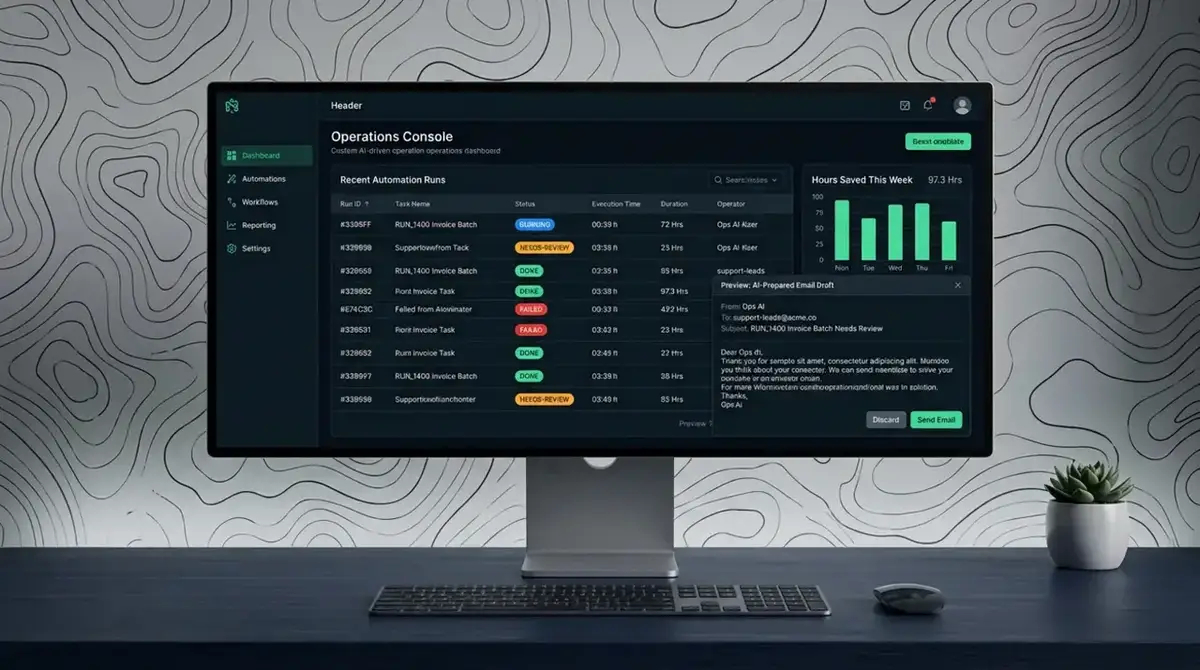 Studio render — operations console table of automation runs with status pills and a savings chart