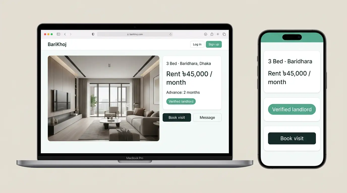 Studio device render — MacBook and iPhone showing the same BariKhoj listing: 3 Bed Baridhara at ৳45,000 per month with a Verified landlord badge, advance of 2 months, and Book visit / Message actions