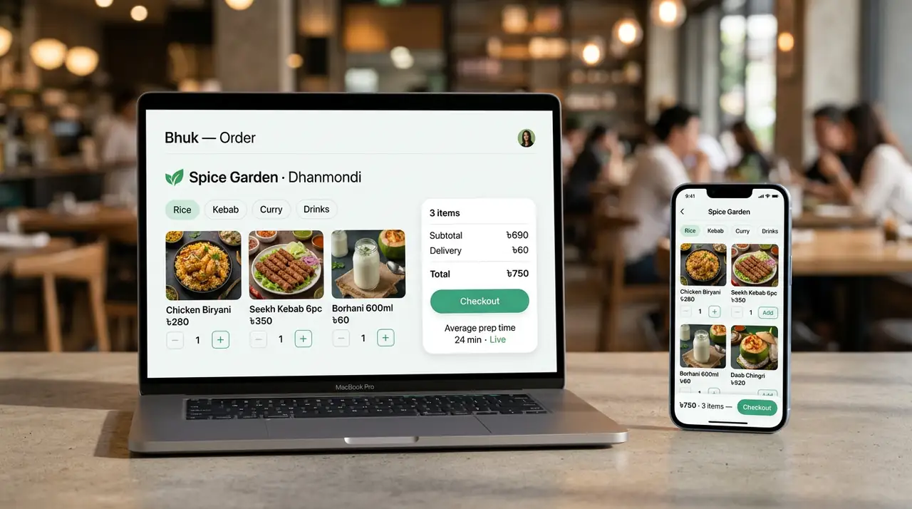 Studio device render — MacBook and iPhone showing the same Bhuk ordering menu for Spice Garden: four food tiles, quantity steppers and a cart whose ৳690 + ৳60 = ৳750 reconciles on both screens