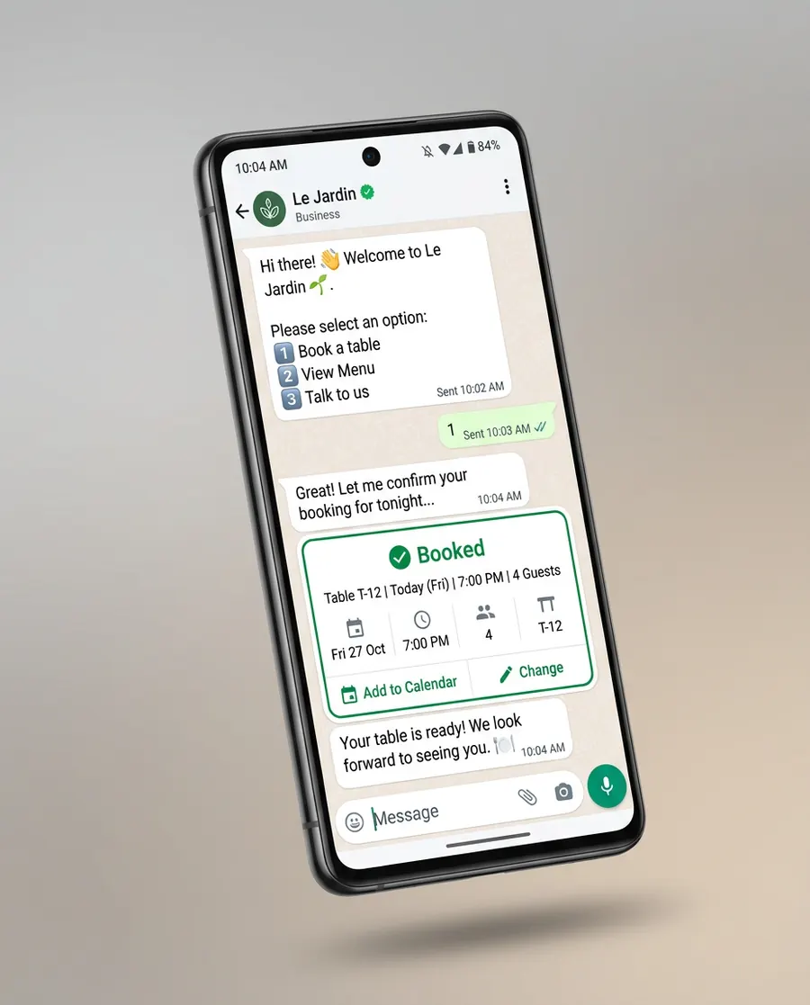 Studio render — phone showing a WhatsApp-style restaurant booking conversation with a confirmation card