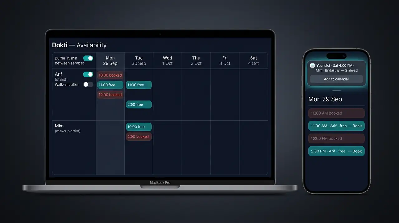 Studio device render — dark availability week grid per staff with free and booked chips on MacBook, day rail with a confirmed slot card on iPhone