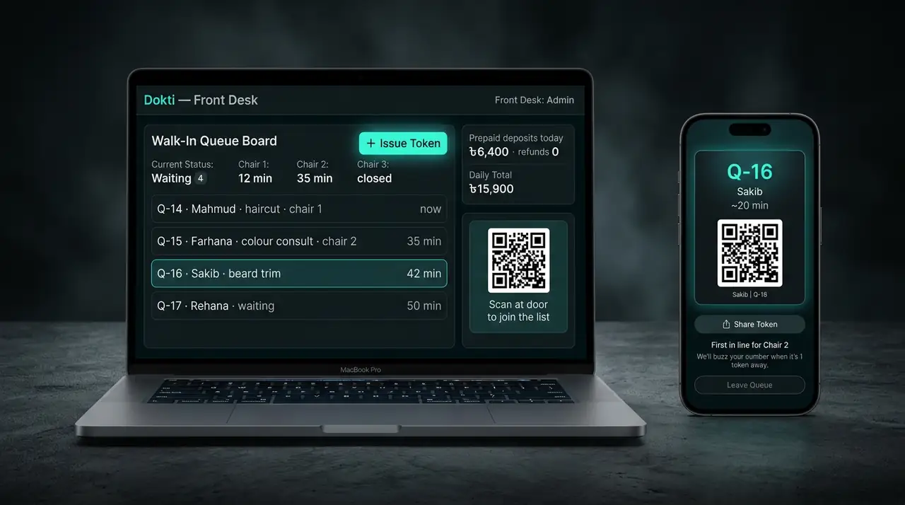 Studio device render — front desk walk-in board with chair timers and issue-token on MacBook, guest's glowing Q-16 ticket with QR on iPhone