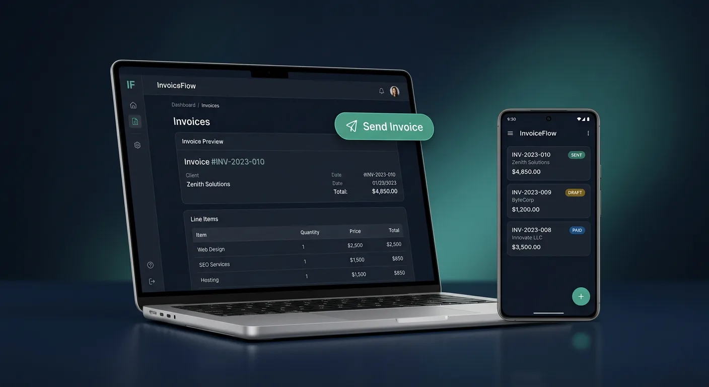 Studio render of Invoice Maker on laptop and Android phone, invoice list and preview