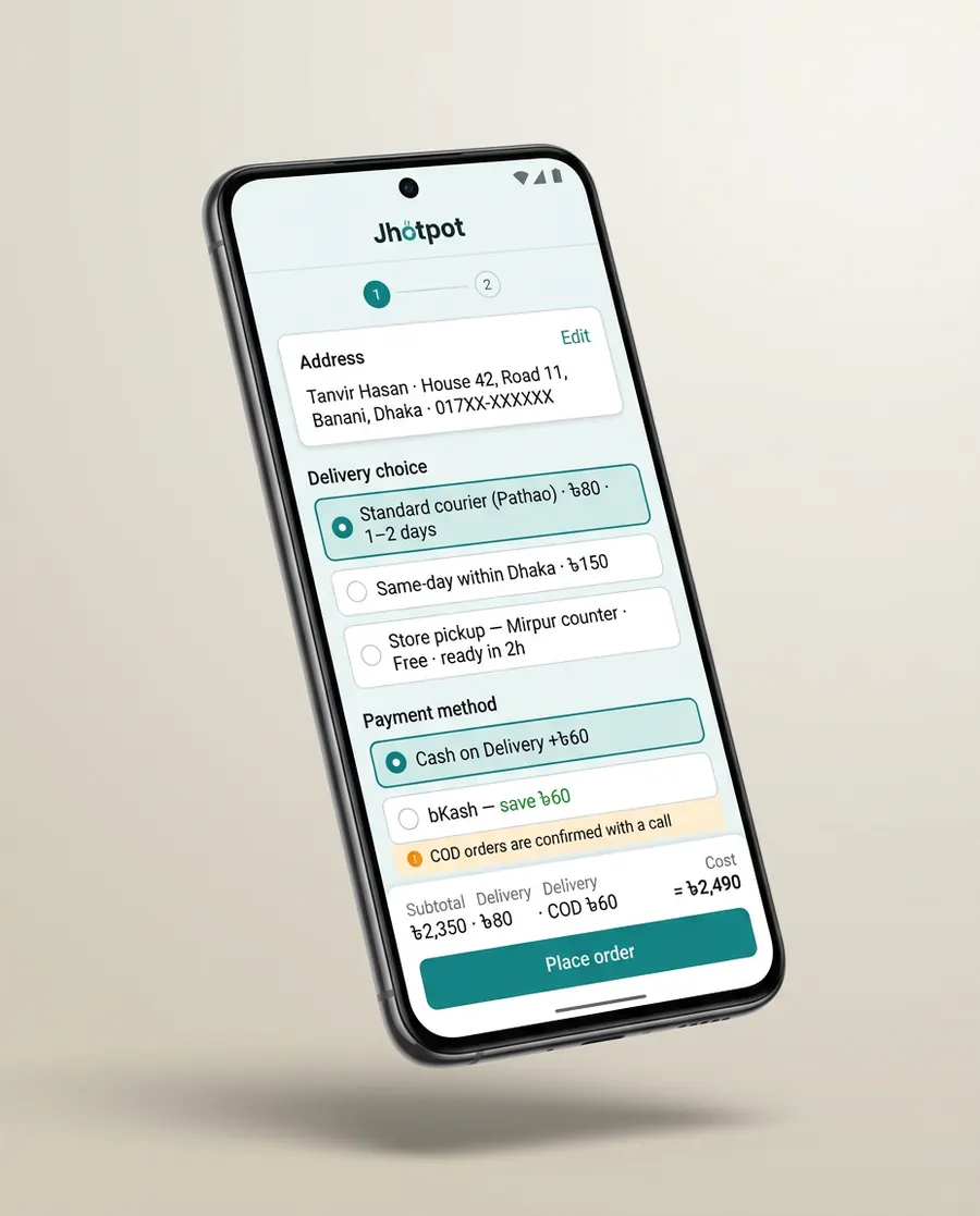 Studio render — mobile checkout with courier choice, COD plus handling versus bKash save line, and a total that reconciles exactly
