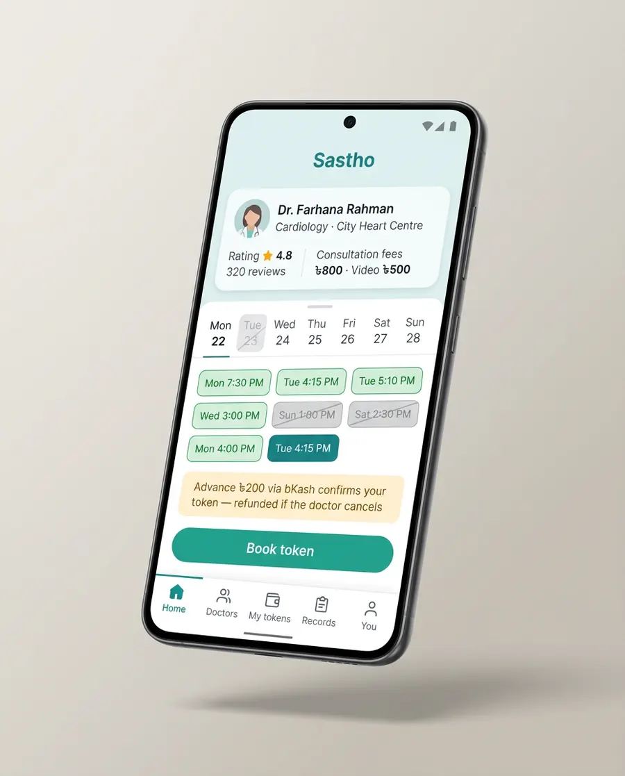 Studio render — Sastho booking phone screen: doctor card with consultation and video fees, slot grid with struck-out unavailable times, bKash advance banner and Book token button