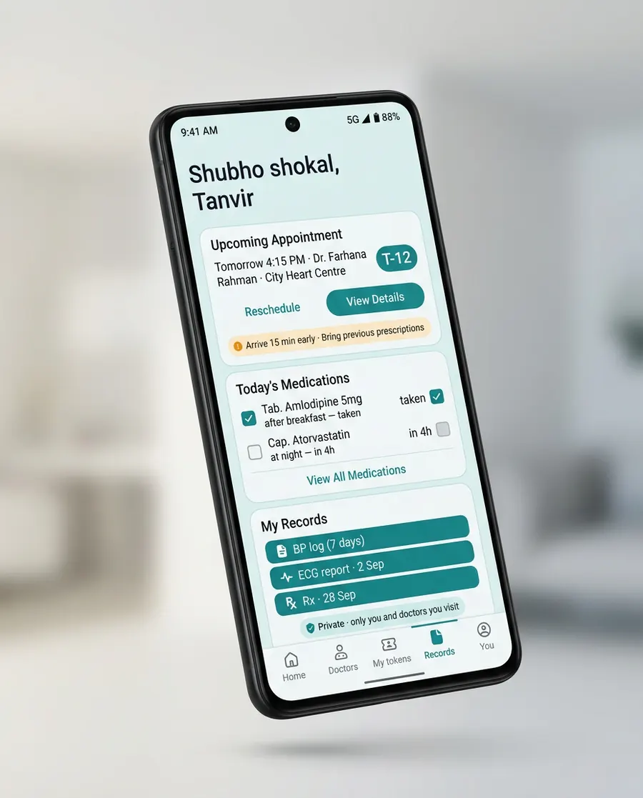 Studio render — patient home phone screen with next appointment token card, medication tick list and private records stack