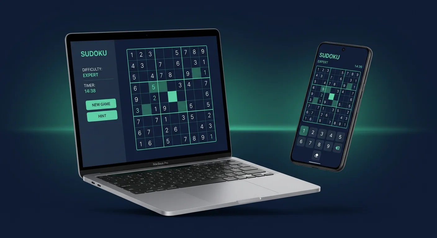 Studio render of Sudoku Master running on a MacBook and Android phone — dark navy UI with jade highlights