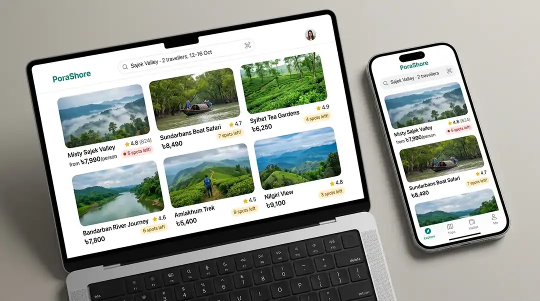 Studio render — MacBook and iPhone side by side running the same PoraShore explore UI responsively: destination cards with real ৳ prices, ratings and spots-left chips in light mode